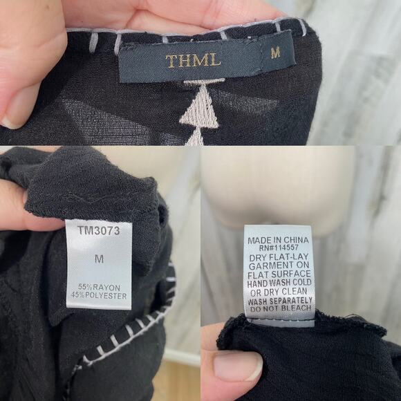 THML Embroidered Tunic Tank Top Black Gray Gauzy Flowy Boho Casual Size M - Picture 10 of 11